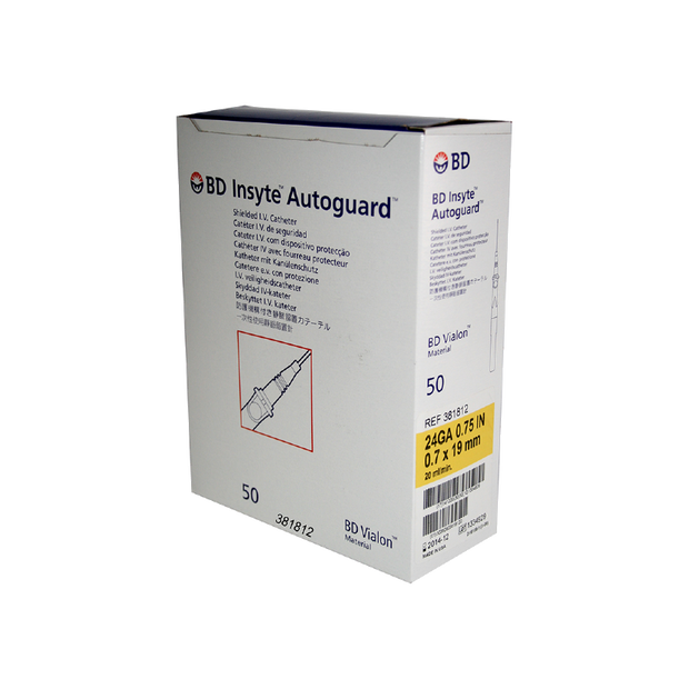 24G x 0.75" - BD381812 Insyte Autoguard IV Catheter, Box of 50